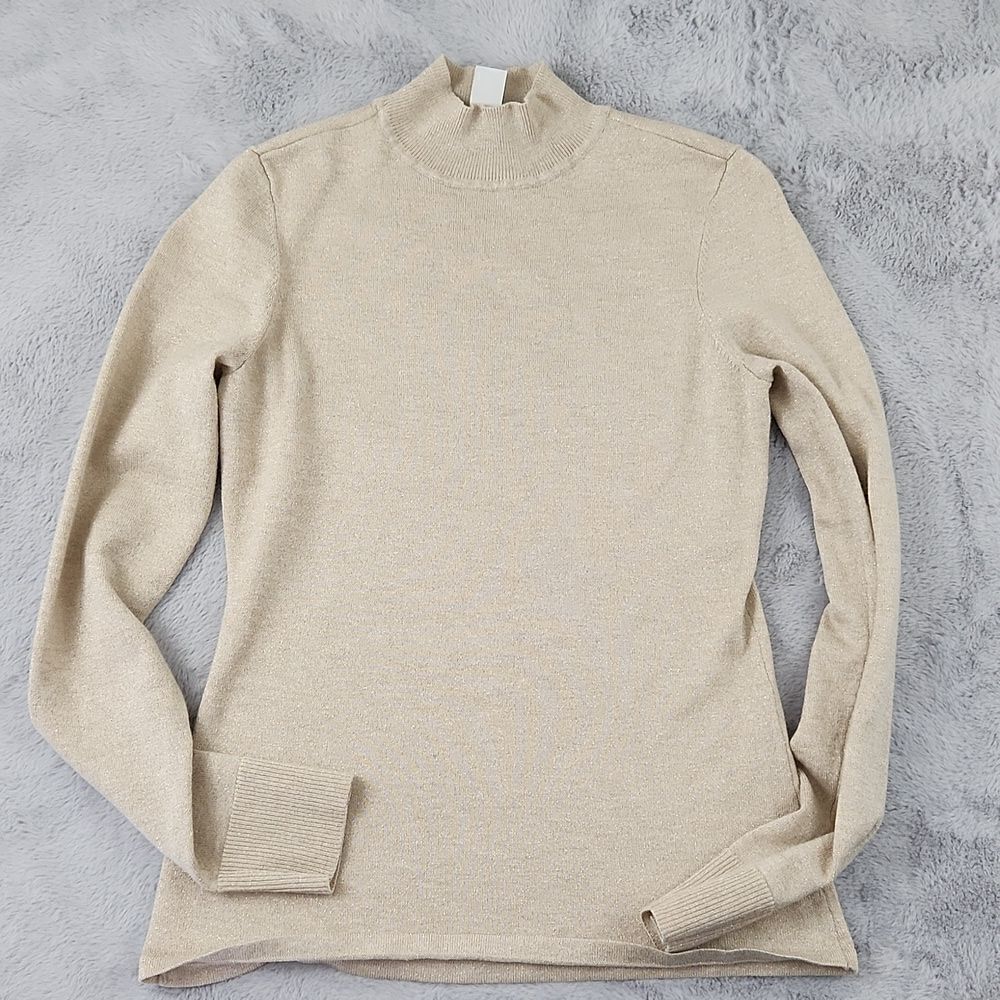 WHBM White House Black Market Shimmer Mock Neck Sweater Beige XS
